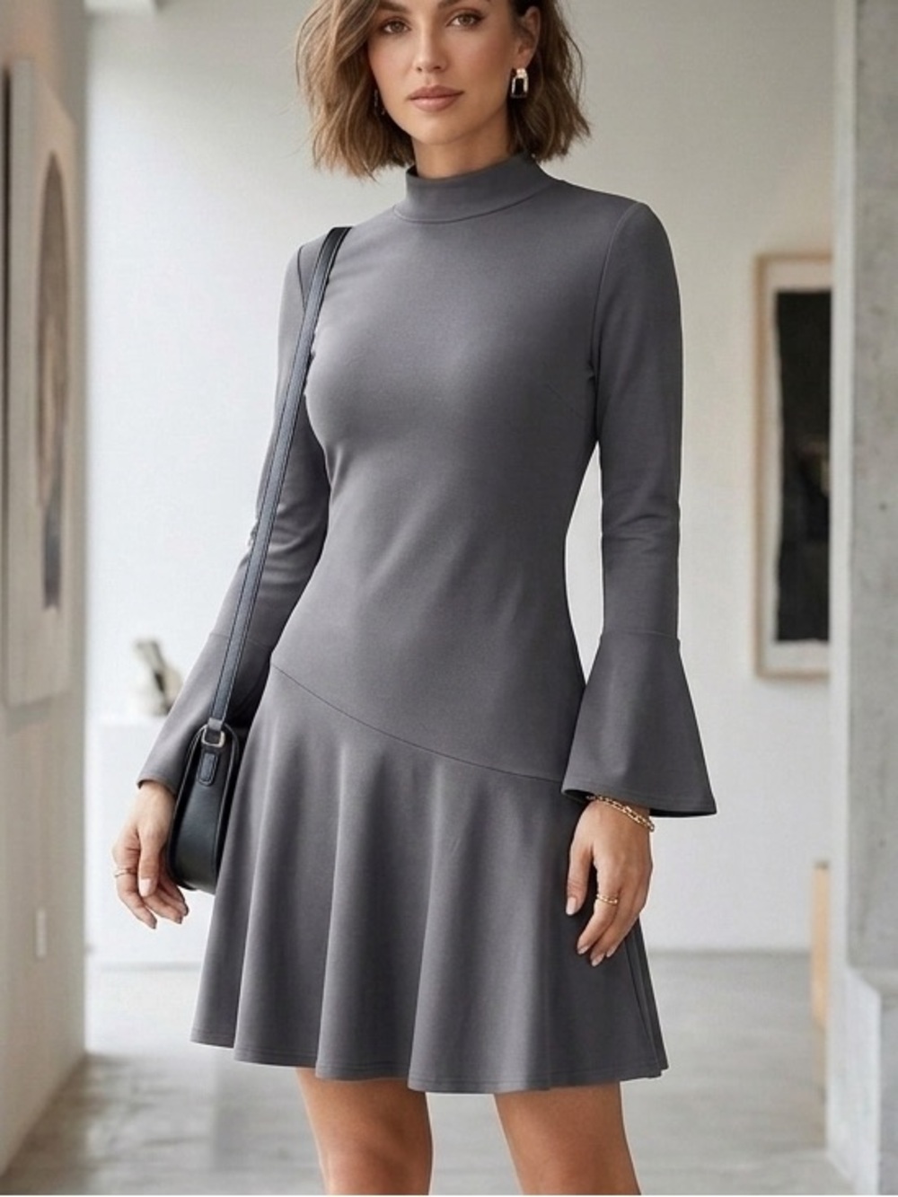 Long-Sleeve Grey Mock Neck Fit & Flounce Skirt Dress trendy party work casual